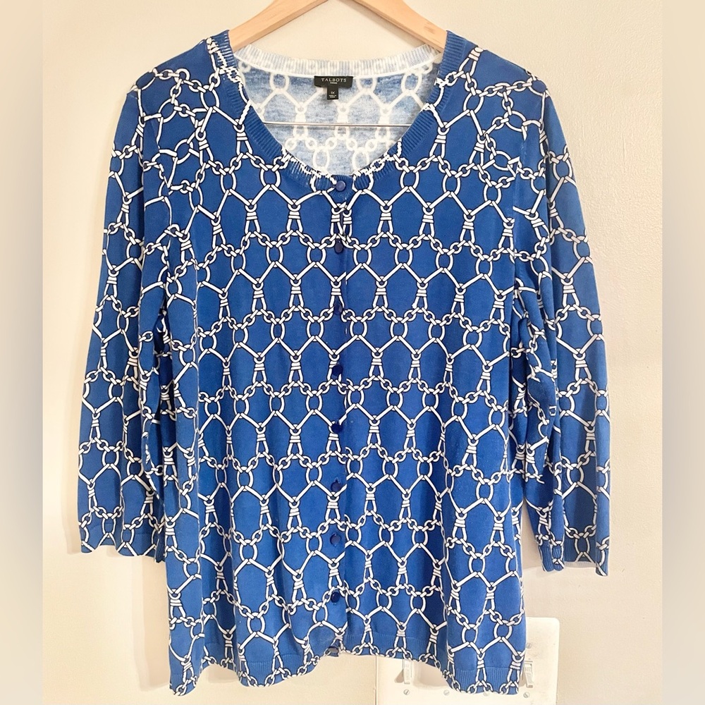 Talbots Blue White Chain Link Printed 3/4 Sleeve Cardigan Sweater Sz 1X Career